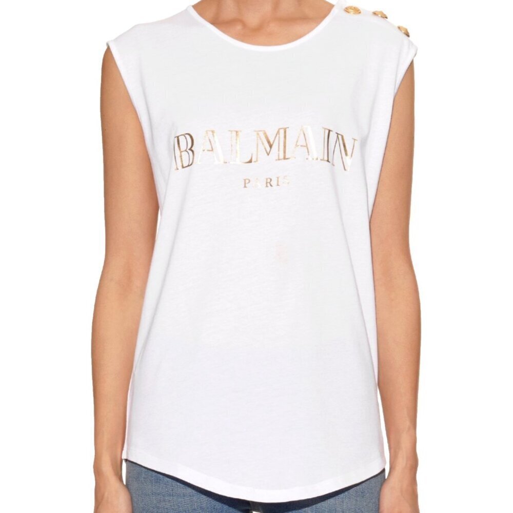 BALMAIN - White Tank Top with Gold Logo and Buttons